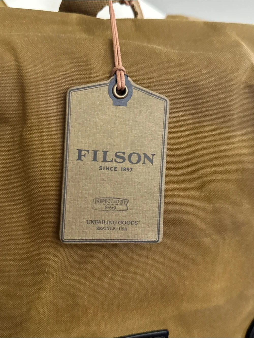 Filson Tan Canvas Backpack with Dark Brown Leather Straps